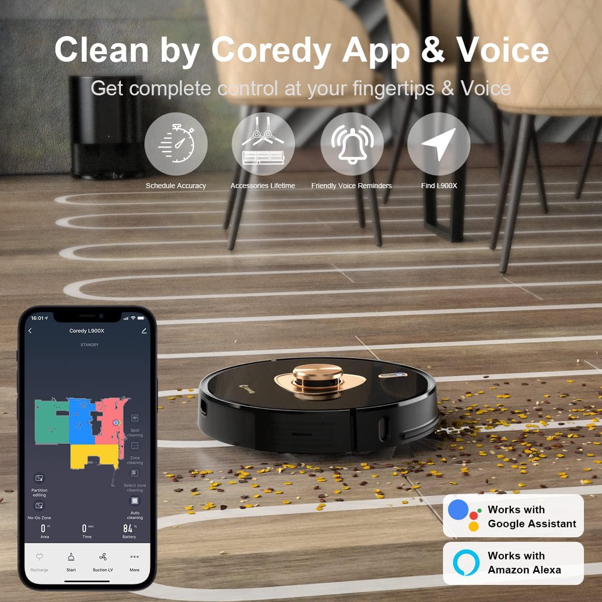 Fatory-Stock Only 1 left Coredy L900X Robot Vacuum Cleaner with Self Emptying Base, Laser Navigation Robotic Vacuums and Mop Multi-Floor Mapping, 2700Pa Suction